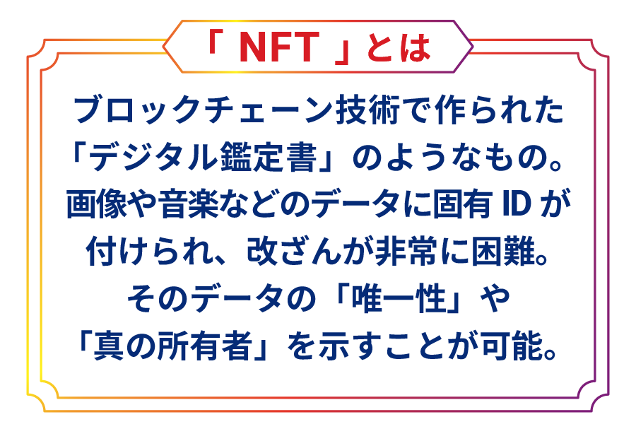 「NFT」とは　ブロックチェーン技術で作られた「デジタル鑑定書」のようなもの。画像や音楽などのデータに固有ID が付けられ、改ざんが非常に困難。そのデータの「唯一性」や「真の所有者」を示すことが可能。